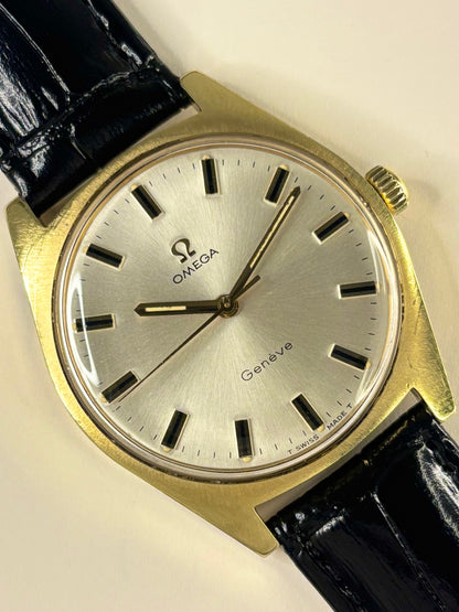 Omega Genève Ref. 135.041 1969 men’s dress timekeeper with gold plated case, white sunburst dial and calibre 601 manual movement
