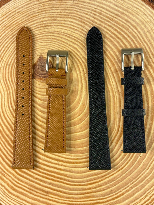 selection of premium saffiano leather watch straps brown and black. 18mm 19mm 20mm 21mm 22mm