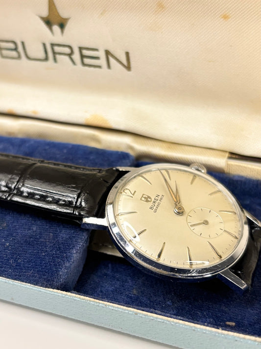BUREN Grand Prix Vintage 1950’s *BOXED* Men’s Manual Sub-Seconds Silver Dress Watch