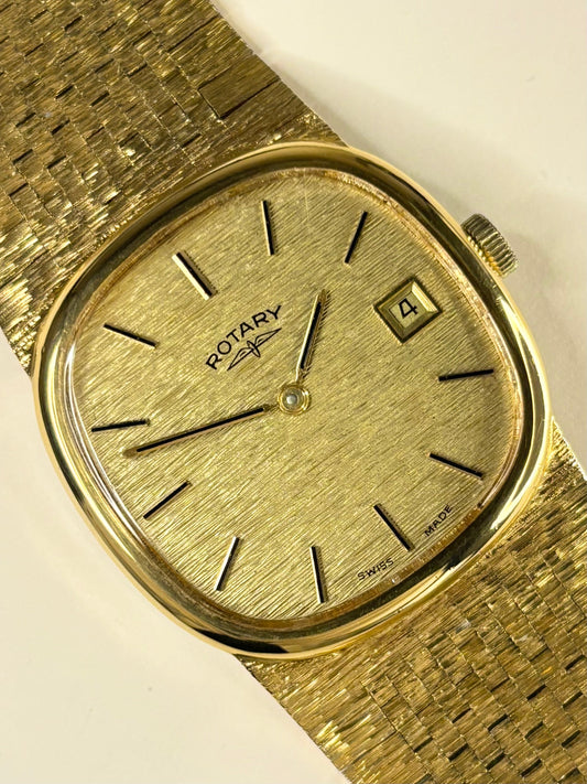 Rotary men’s dress timepiece from the 1970s with gold-toned dial and gold-plated case, presented as a reliable manual timekeeper