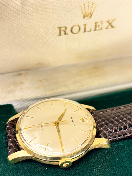 1968 Rolex Precision 18ct gold men’s timepiece with a clean dial and polished case, shown as a superbly preserved manual-wind timekeeper.