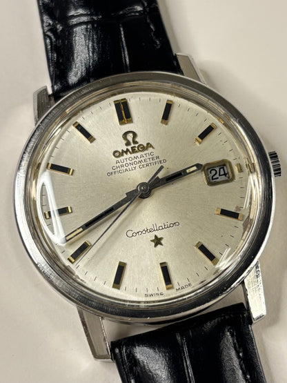 Close up of Omega Constellation 1960s watch sunburst dial automatic Cal. 564