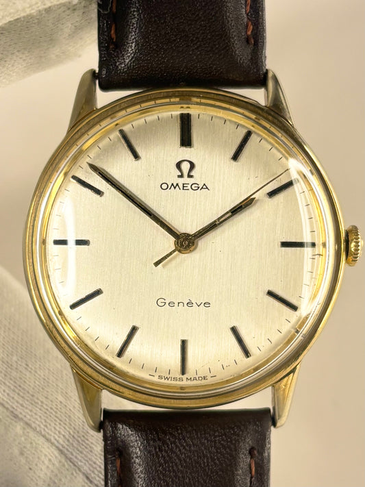 Vintage Omega Geneve ref. 165.002 manual timepiece – c.1969 men's gold-plated dress watch in great condition with only minor age-appropriate marks.