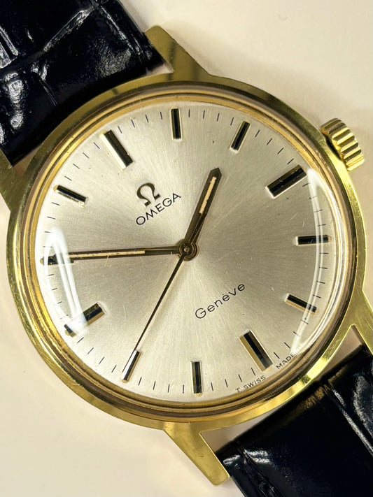 1970 Omega Genève dress timepiece — 35mm gold-plated case, manual wind, white sunburst dial