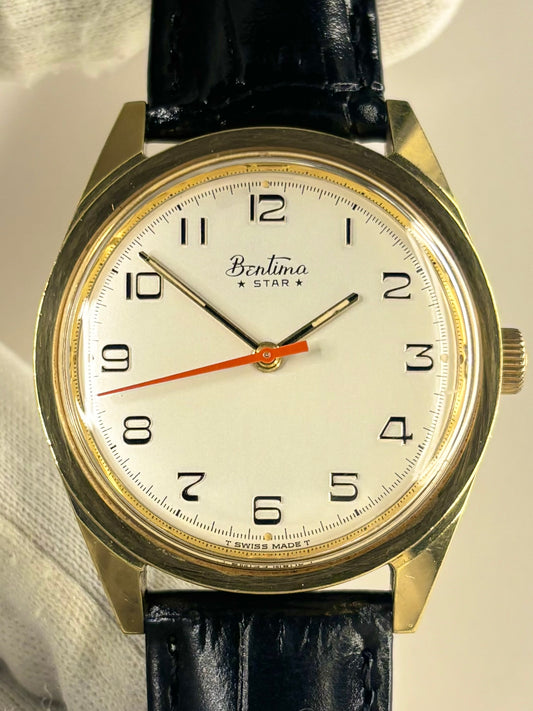 Vintage Bentima watch – c.1971 men's gold-plated manual dress watch with white dial, in great condition with only minor age-appropriate marks.