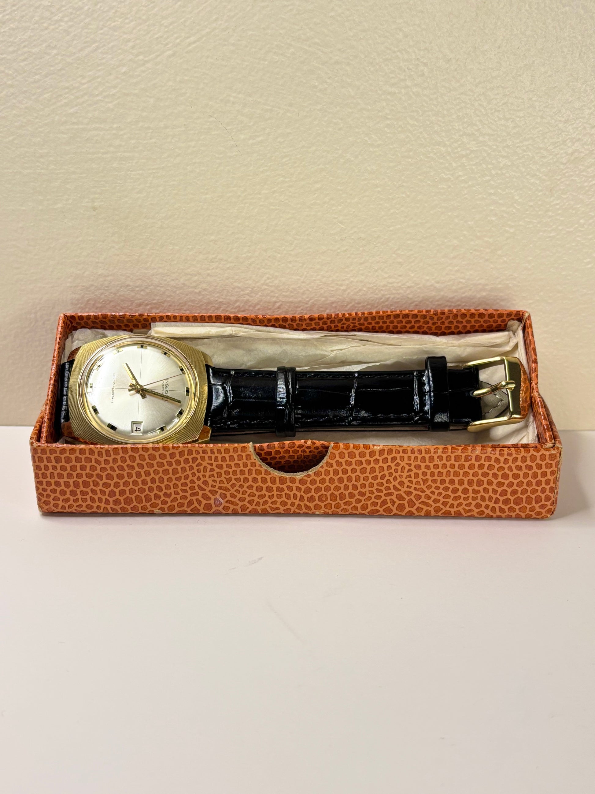Ingersoll 1971 — 34mm gold-plated case, manual wind dress watch, white sunburst dial, in its original box 