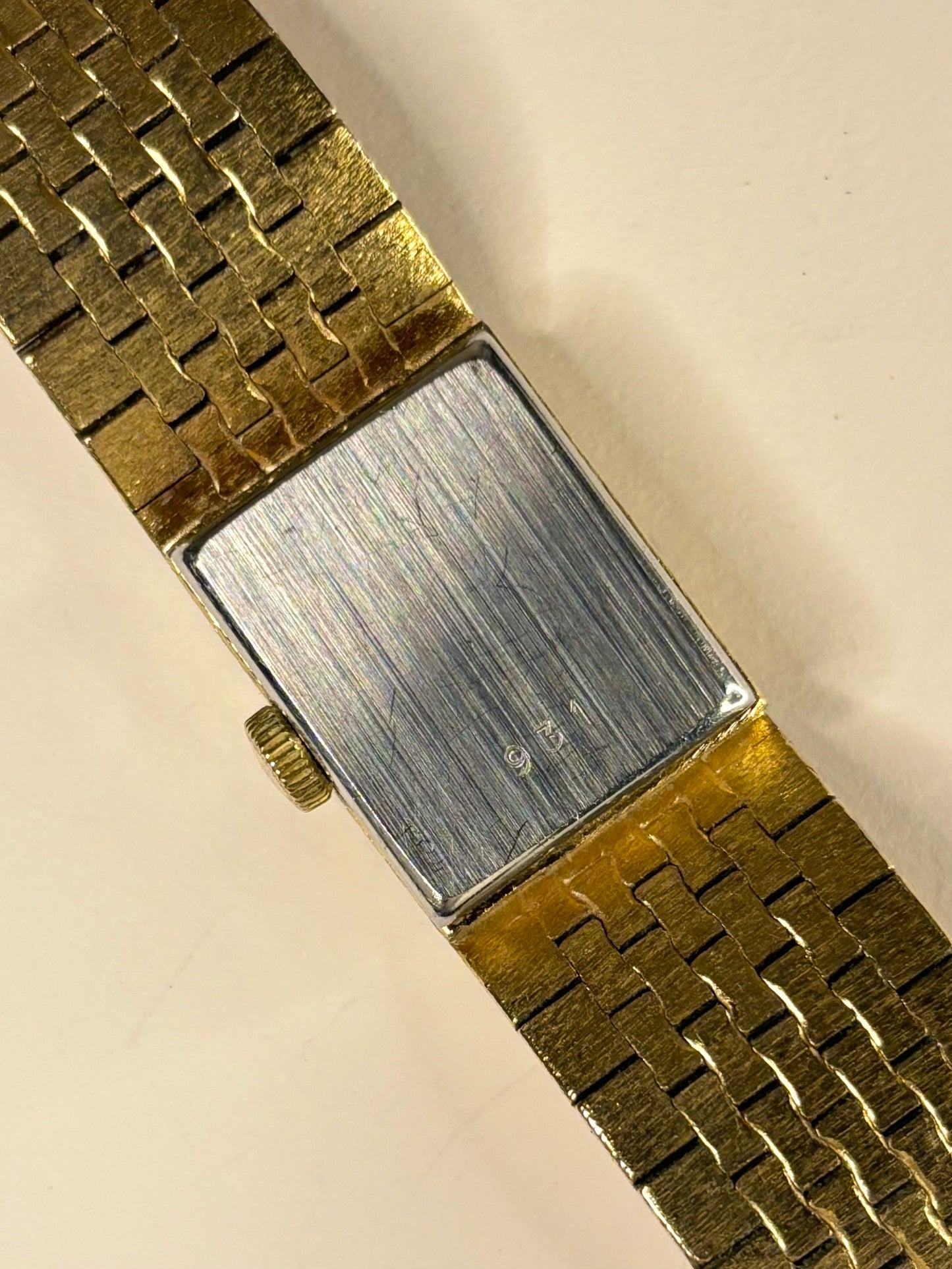 Detailed shot of the Rotary ladies caseback showcasing the vibrant Tigers Eye dial and gold-plated case as a collectible 1970s timekeeper