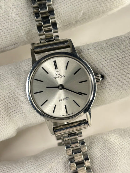 1972 Omega ladies watch with silver-toned dial and stainless steel case, manual movement, a refined vintage timepiece and reliable timekeeper.