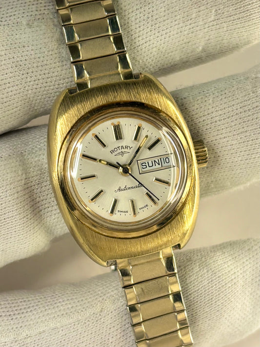 Vintage c.1977 Rotary automatic timepiece – ladies' gold-plated dress watch with white sunburst dial, in good condition with only minor age-appropriate marks