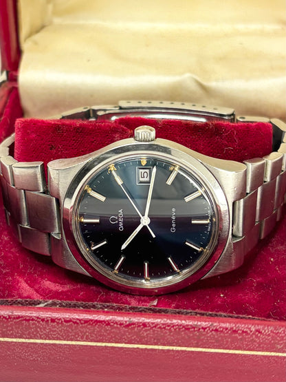 OMEGA Geneve Vintage 1970’s *+BOX* Men’s Manual Blue Dial Date Silver Watch - 136.0103