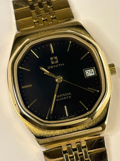Close-up of Zenith vintage men’s quartz dress watch, black dial, gold-plated case, ref. 27 0050 425