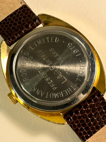 Caseback of Longines vintage 1960s men’s gold plated manual wristwatch