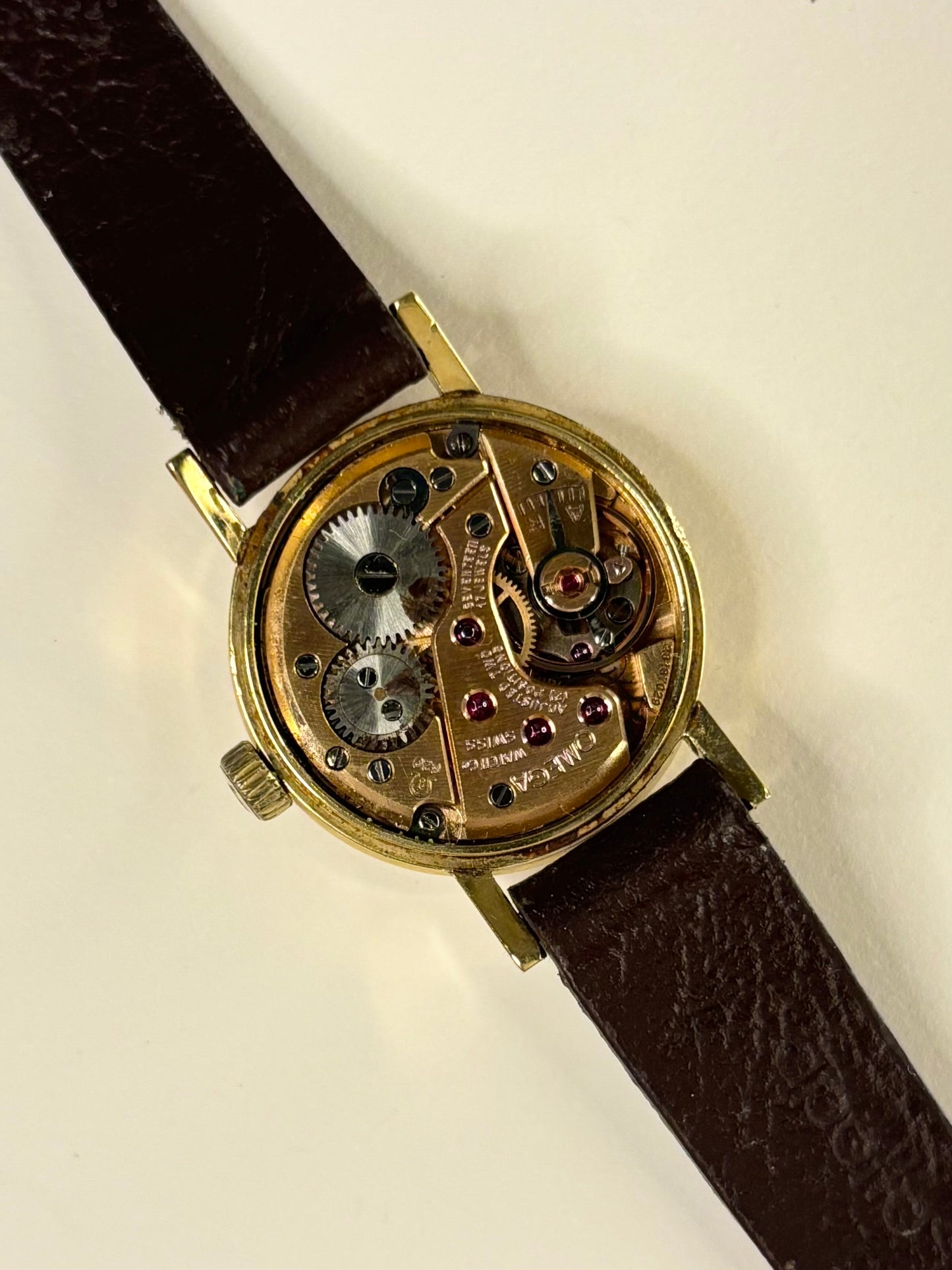 Detailed shot of the Omega 511.213 manual-wind movement mechanism