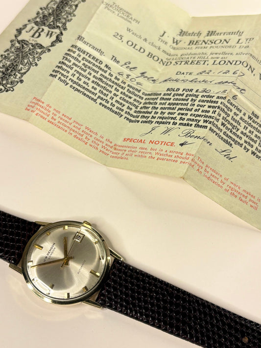 J W BENSON 9ct Gold *WITH PAPERS* Vintage 1960’s Men’s Automatic Date Gold Dress Watch