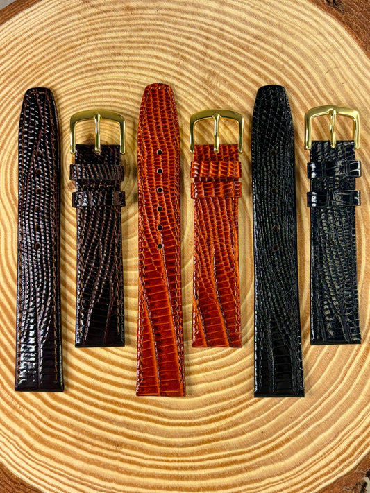 selection of premium leather lizard watch straps 12mm 14mm 16mm 18mm 20mm 22mm brown dark brown black