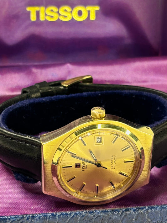 1972 Tissot Seastar dress timepiece — 39mm gold-plated case, automatic movement, gold-toned dial