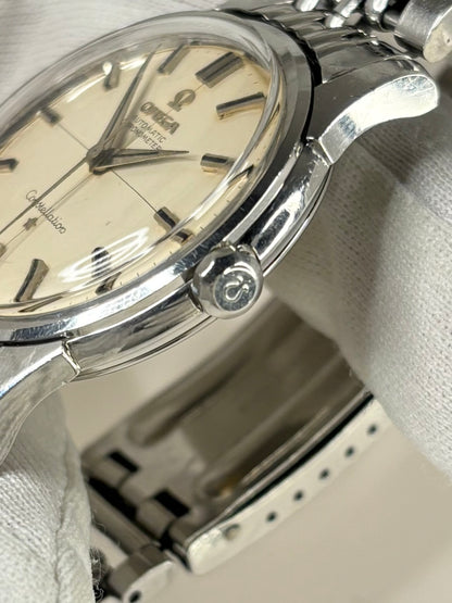 signed crown side profile of Omega Constellation 1950s men’s automatic steel watch ref. 14381
