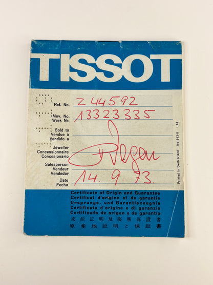 Tissot Ref. 44592 stainless steel 1973 men’s vintage UFO timekeeper sales papers view with hallmark details