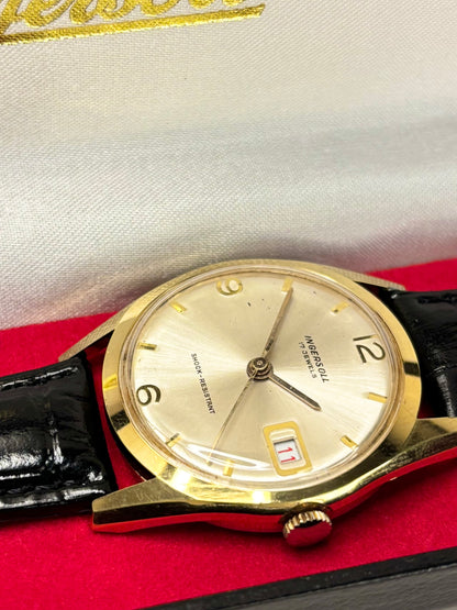 Ingersoll 1966 men’s dress timekeeper with gold plated case, white sunburst dial and manual movement