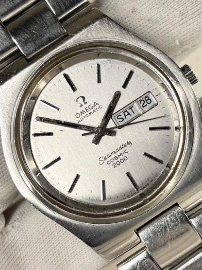 Collectible Omega Seamaster Cosmic 2000 Ref. 166.136 1972 men’s timekeeper featuring stainless steel case, original box and vintage charm
