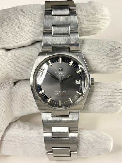 Collectible Tissot PR516 Ref. 44630-2X men’s 1973 vintage timekeeper featuring grey sunburst dial, automatic movement and original box