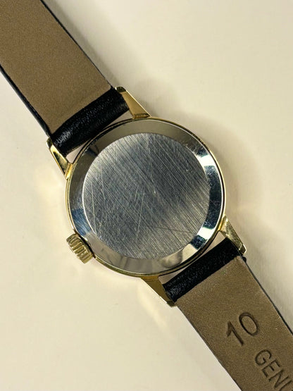 Omega Genève ladies Ref. 511.0451 gold plated vintage timekeeper caseback view with hallmark details