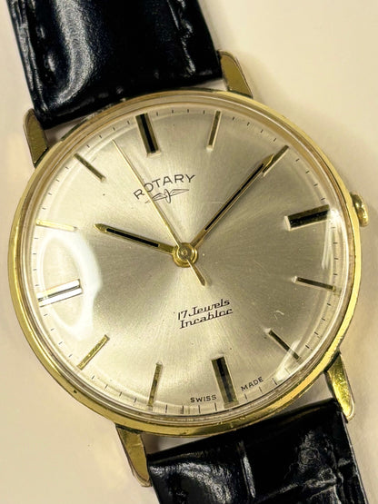Collectible Rotary Ref. 1968 men’s vintage timekeeper featuring white sunburst dial and Swiss craftsmanship
