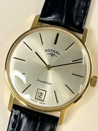 Vintage Rotary 1973 men’s gold plated dress timekeeper showcasing refined 1970s Swiss design