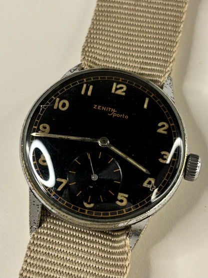 ZENITH Sporto WW2 Doctors Vintage 1940’s  Men’s Manual Black Steel Watch 12-4-P