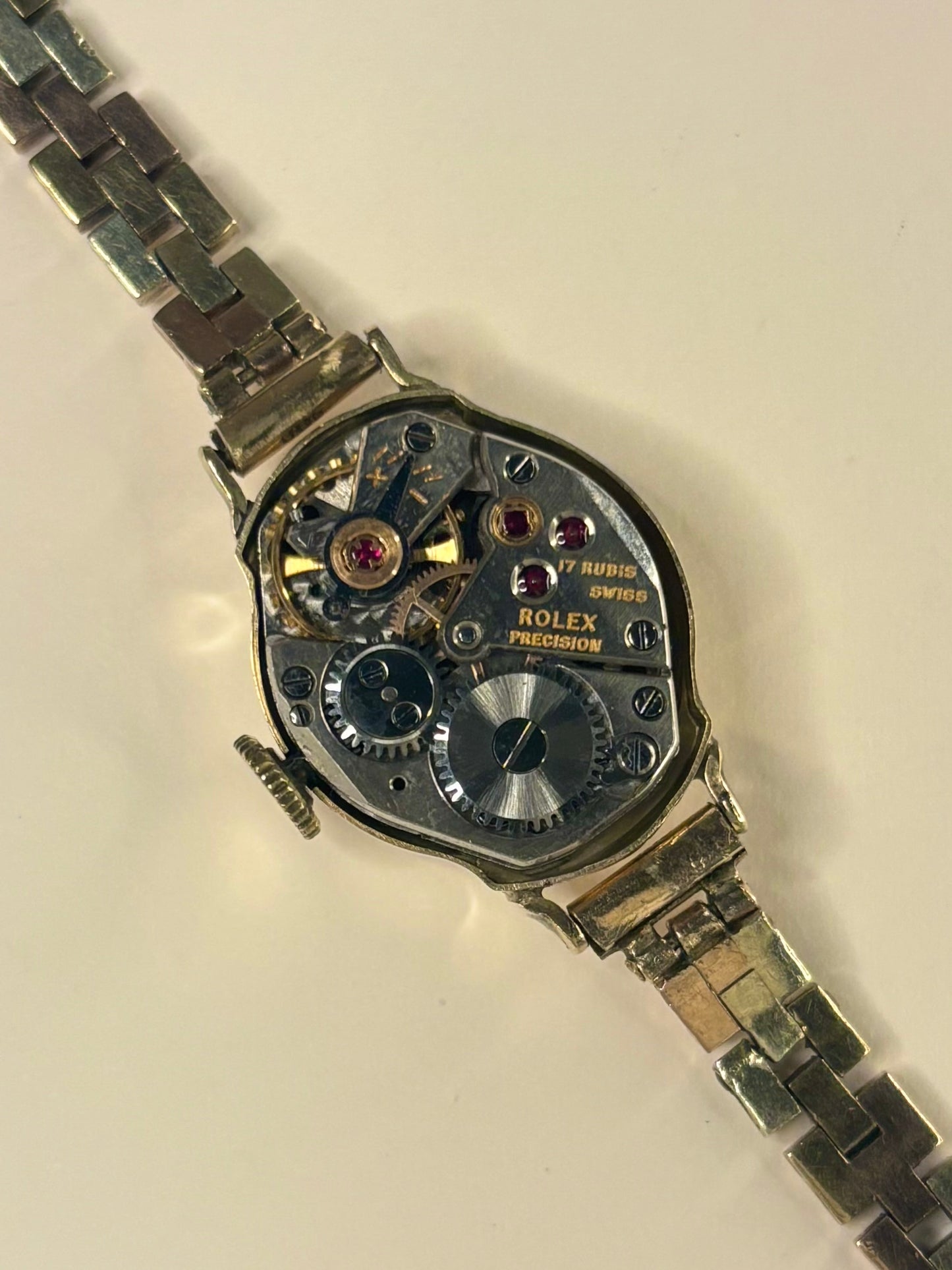 Close-up of Rolex 9ct gold ladies watch Precision manual movement 1950s