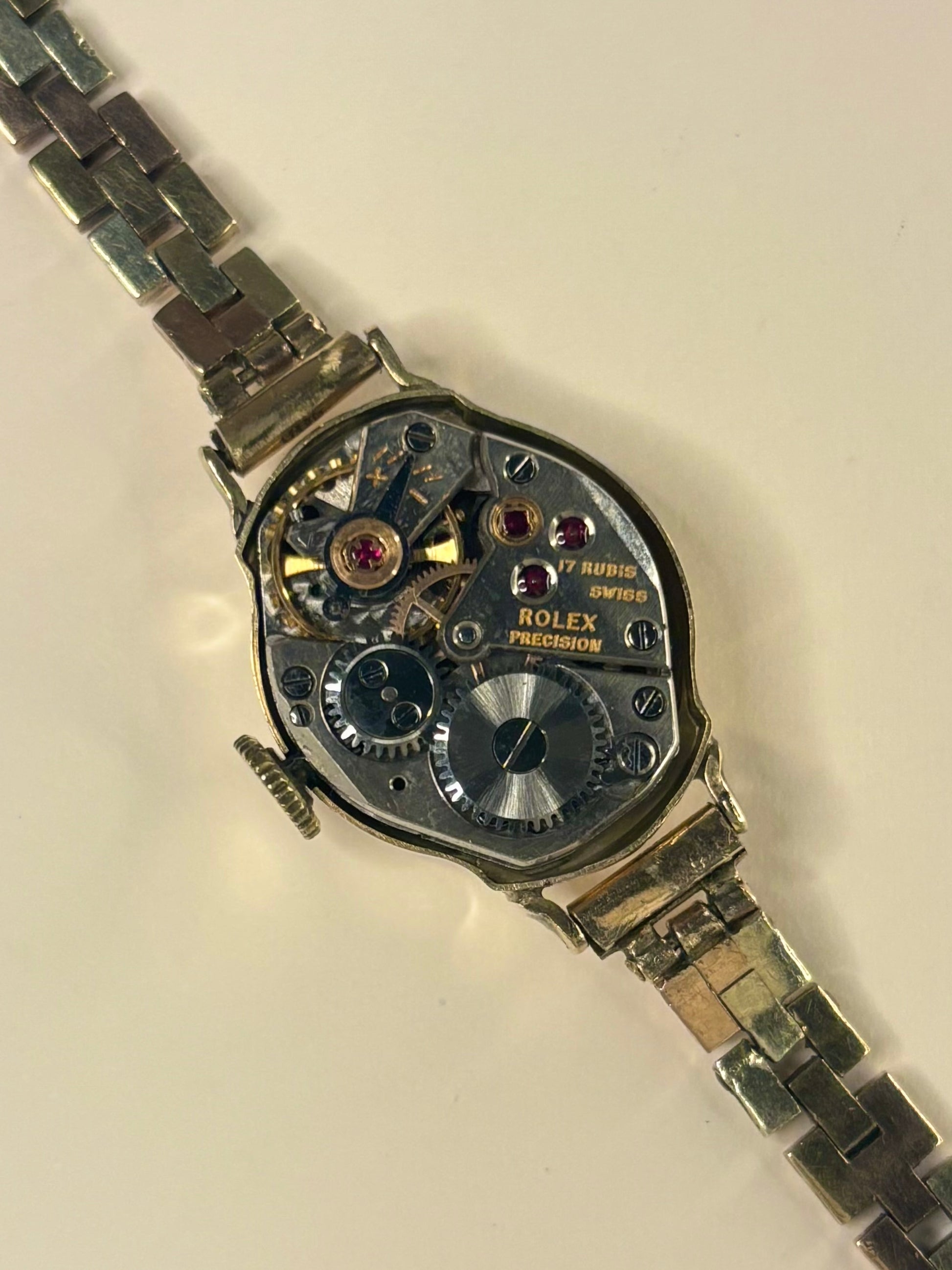 Close-up of Rolex 9ct gold ladies watch Precision manual movement 1950s