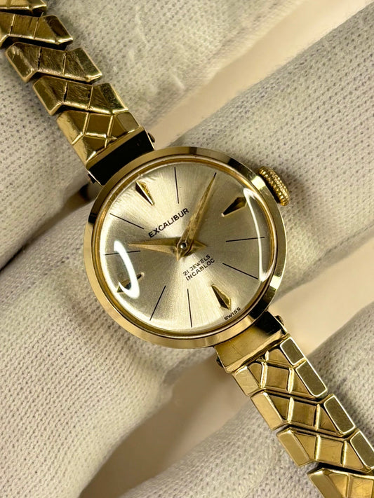 Excalibur 1967 ladies vintage timekeeper with 9ct gold case, white sunburst dial and manual movement