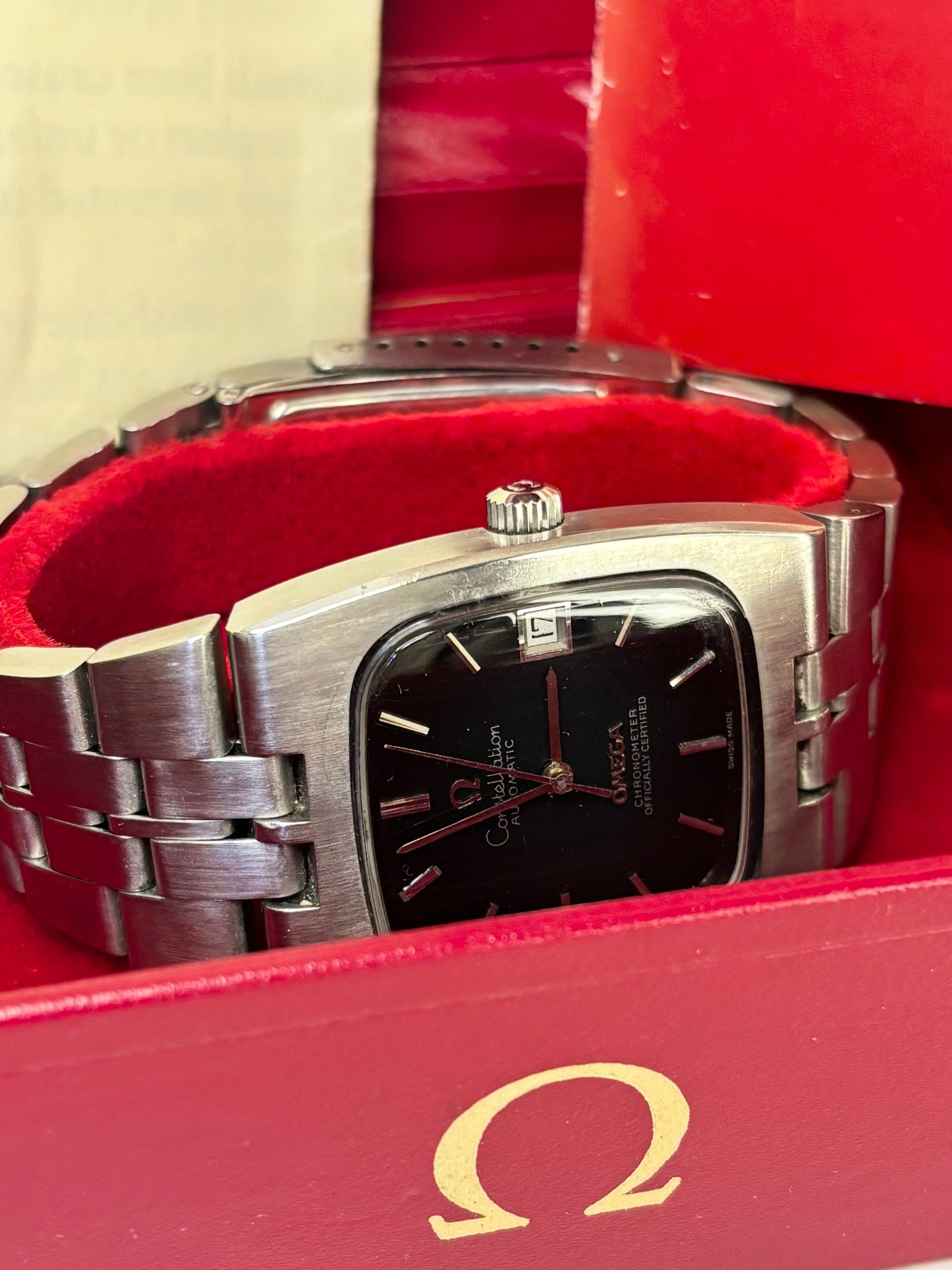 Vintage Omega Constellation ref. 368.0847 watch – c.1973 men's stainless steel automatic dress watch with rare dark spider-patina dial, in good condition with age-appropriate marks, complete with original Omega box and papers