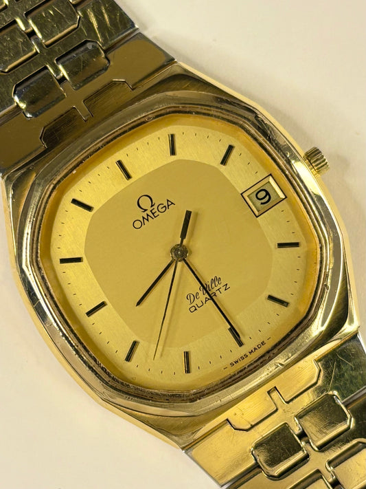 Premium vintage Omega De Ville timepiece with gold-plated case and gold-toned dial, model 191.0092, fitted with Omega calibre 1351 quartz movement, a timeless handmade luxury timekeeper