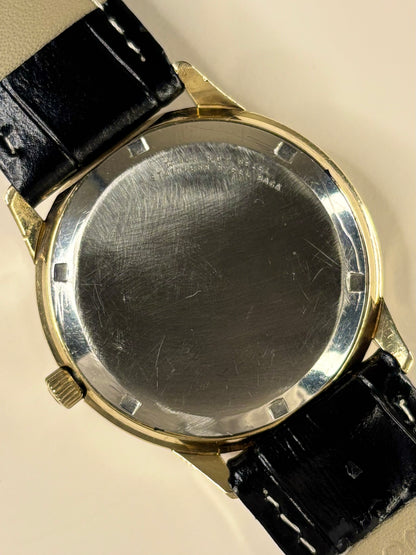 Omega Ref. 196.0119 gold plated 1978 men’s dress timekeeper caseback view with hallmark details