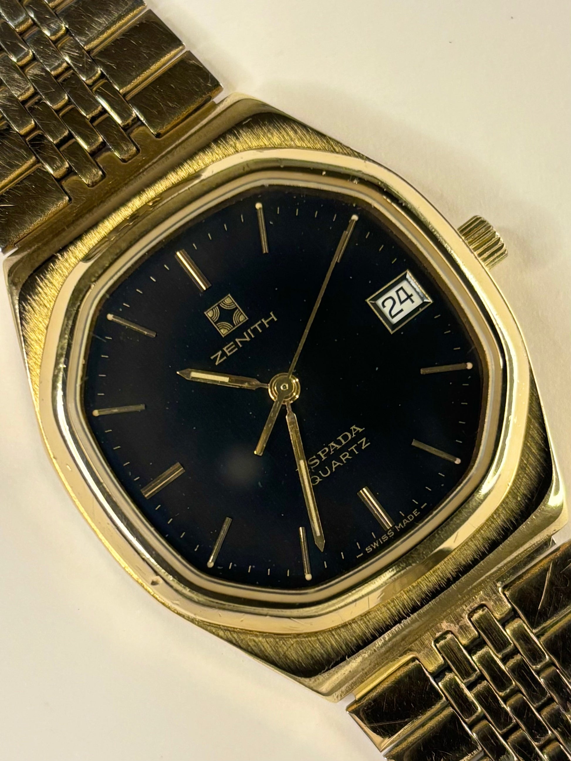 Close-up of Zenith vintage men’s quartz dress watch, black dial, gold-plated case, ref. 27 0050 425