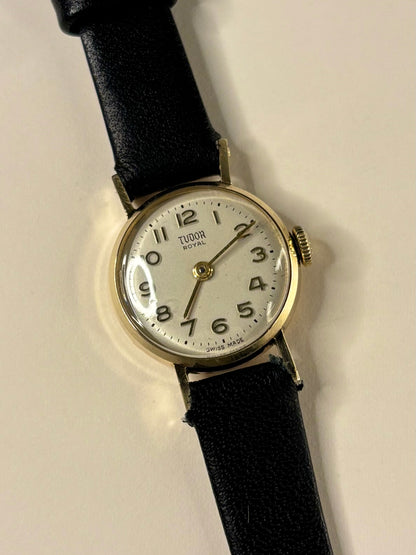 Collectible Tudor Royal 1958 ladies vintage timekeeper featuring white dial and 9ct gold case