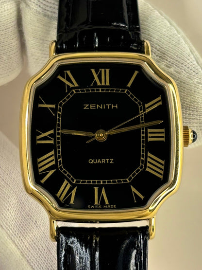 Collectible Zenith Ref. 27.0130.315 men’s vintage timekeeper featuring black dial, quartz calibre and original booklet