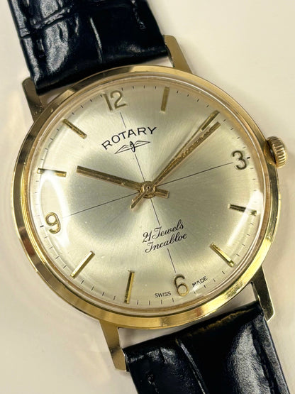 Collectible Rotary Ref. 1967 men’s vintage timekeeper featuring white sunburst crosshair dial and Swiss craftsmanship
