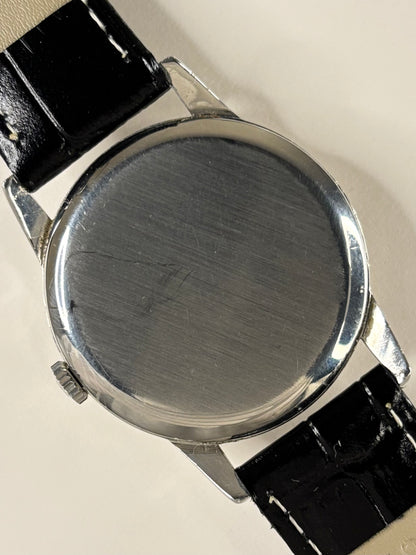 Omega Ref. 121.001-63 stainless steel 1962 men’s vintage timekeeper caseback view with hallmark details