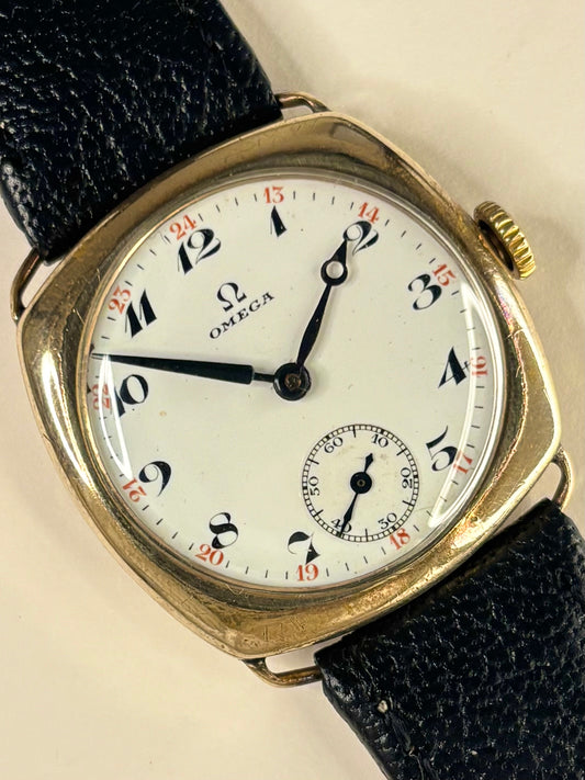 Vintage Omega cushion watch – c.1923 men's gold-plated manual dress watch with white dial, in good condition with age-appropriate marks. A truly rare 1920's find.