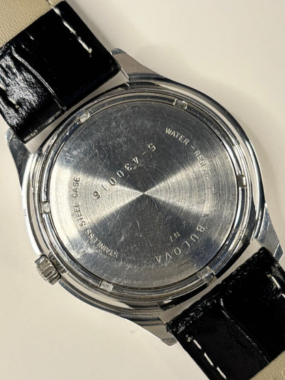 Caseback of 1977 Bulova Accutron men’s stainless steel vintage timepiece