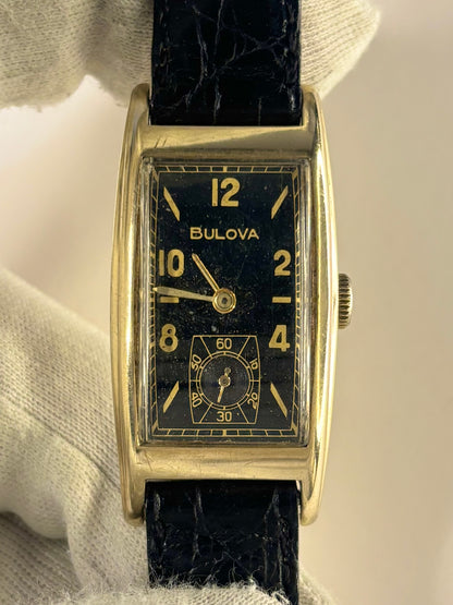 BULOVA 10K Gold Filled Vintage *RARE* 1950’s Men’s Manual Black Dial Tank Watch