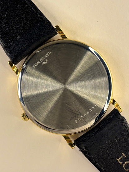 Caseback of Longines Presence vintage 1992 men’s quartz gold plated wristwatch