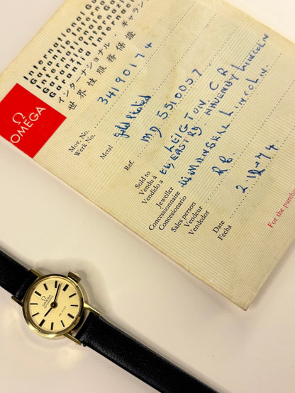 Omega ladies dress timepiece 1974 — reference 551.0057 with 18mm gold-plated case, calibre 661 automatic movement, papers included