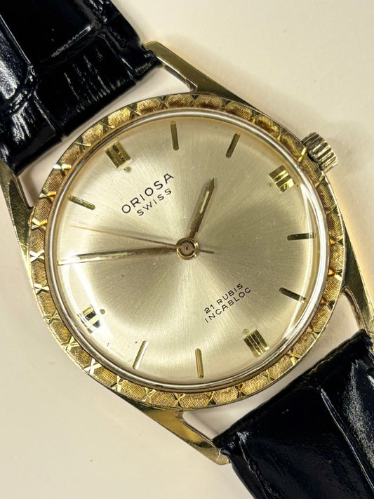 Oriosa vintage men’s dress watch 1960s with white sunburst dial and gold-plated case