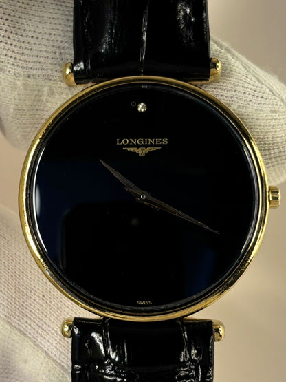 Close up of Longines La Grande Classique 1991 men’s watch black dial quartz