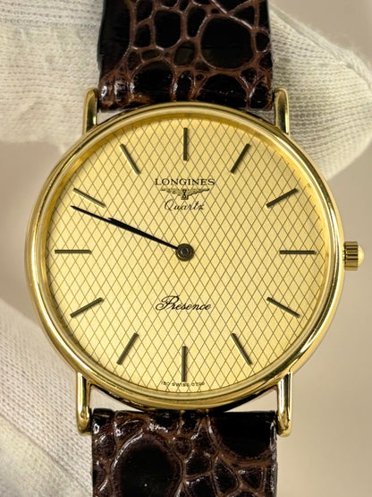 Close up of Longines 1994 men’s dress watch gold dial quartz Cal. 150