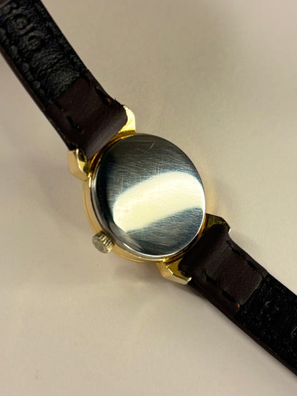 Omega ladies Ref. 620 vintage 1966 gold plated timekeeper caseback view with hallmark details