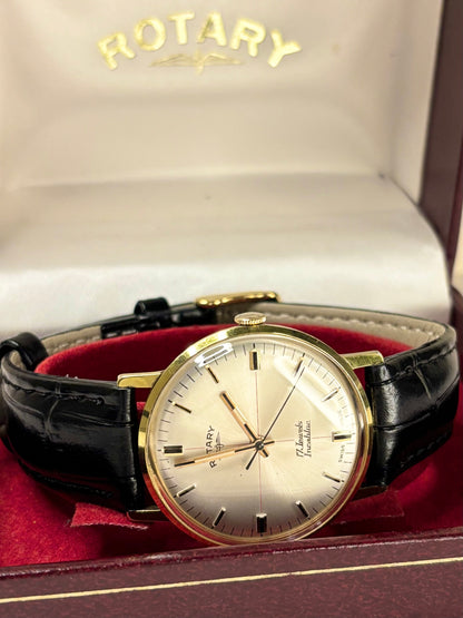 Rotary Ref. 1969 men’s 1969 dress timekeeper with gold plated case, classic dial, manual movement and original box